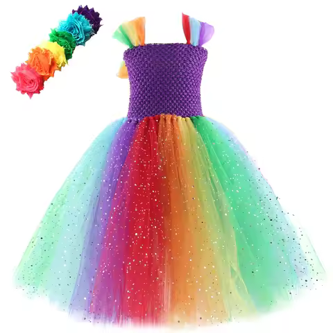 Silver Sparkles Rainbow Pony Costumes for Girls Sparkling Long Tutu Dress with Flower Hairband Kids 