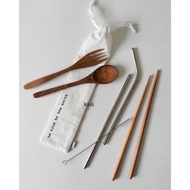 KAYU Wooden cutlery set eco friendly wooden cutlery chopsticks straw pouch