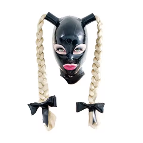Fetish Unisex Latex Mask Rubber Hood with Two Braid Wigs Michael Myers Mask Halloween Cosplay mask L