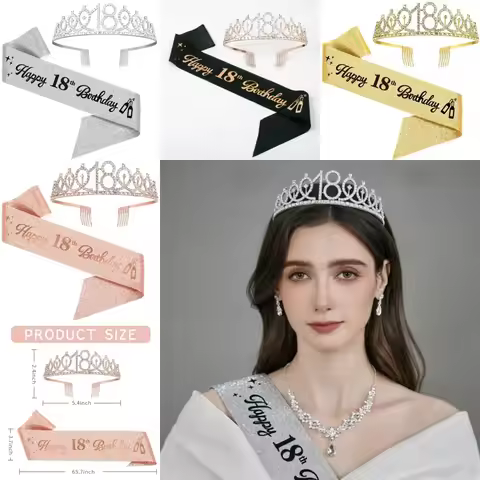 2Pcs/Set 18th Birthday Sash & Rhinestone Crown Kit- Happy 18th Birthday Gifts Women 18th Birthday De