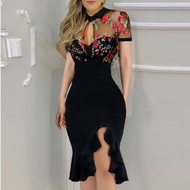 【MAKMW MALL】Evening dinner dress Formal,Evening Dress gown,Evening Dress elegant,Evening Dress dinner party,Evening Dress gown plus size Women Slit Ruffles Hem Floral Pattern Slimming Lace Long Sleeve Dress（Red,Pink S/M/L/XL/XXL)(Polyester）