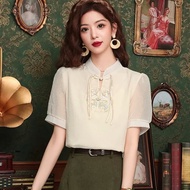 2024 gaya cina baru memakai umur-mengurangkan baju Chiffon wanita musim panas bersulam baju lengan p