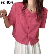 VONDA Women Korean Casual Round Neck Buttons Short Sleeve Solid Color Blazer