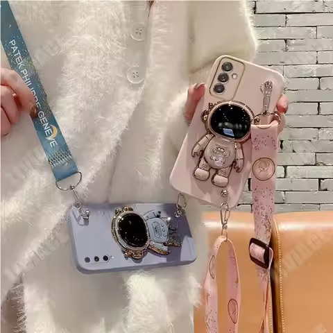 A55 A 25 15 Astronaut Lanyard Crossbody Silicone Case For Samsung Galaxy S24 plus A35 A55 A35 A15 A0