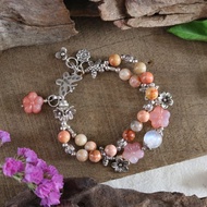 手工化石珊瑚桃瑪瑙雕刻花和泰銀手鍊 純銀水晶手鍊 泰国手工银饰