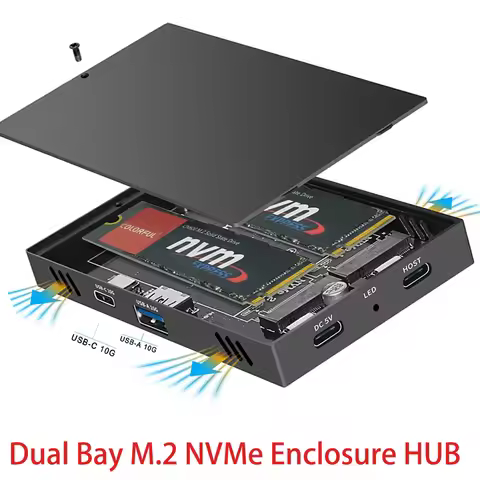 Dual Bay M.2 NVME SSD Enclosure with USB3.2 Gen2 10G USBA/Type C 10Gbps HUB Docking Station for M2 2