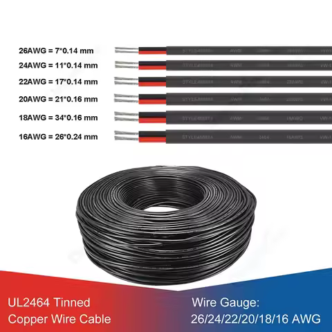 5-100m 2pin Electrical Wire 26/24/22/20/18/16AWG Heat Proof PVC Sheathed Electronic Audio Wire UL246