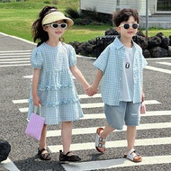 Popular Children's Summer Suit Girls Checked Dress Vacation Style Boys Short-Sleeved Shirt Baby Clot