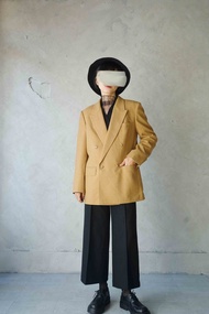 尋寶古著-DAKS英倫品牌簡約駝色質感毛呢雙排扣西裝外套