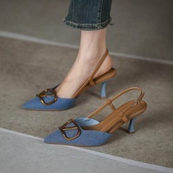 Denim heels for women classy elegant sandals tumit tinggi 2 inci kitten buckle Pointed heels wanita