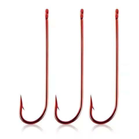 50/100pcs Aberdeen Hook Extra Long Shank Hook Red Fishing Hooks Offset Freshwater Live Bait Hooks Ca