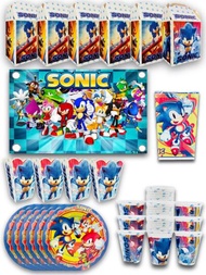 Kit de Fiesta de Personaje Sonic Desechables 202 pz Artículos Decoración Cartón Platos Vasos Dulceros Palomeros + Lona + Mantel 50 invitados