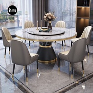 CosyFH Natural Marble Dining Table With Turntable Simple Slate Round Table Dining Table And Chair Combination