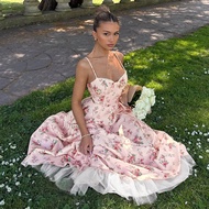 Glamine Women's Floral Print Lace French Sweet V-Neck Suspender Long Dress, Pink Floral Elegant Roma