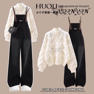 QI HAO Plus Size Women's Winter Suit Women's Pullover Twist Knitted Sweater with Denim Overalls Two-