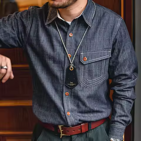 Maden Vintage Denim Jeans Shirts Long Sleeves Brand Quality Men's Cpo Shirt Casual Clothing Retro Am