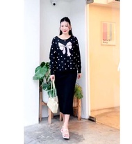 Korean Knitted Polka Dots long sleeves Top and Skirt Set / Terno