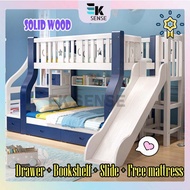 EKSENSE Solid Wood Kids Double Decker Bunk Bed Frame Slide Katil Budak 2 Tingkat Gelongsor Kanak kan