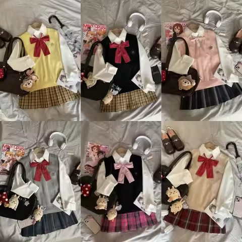 Autumn JK Style School Uniform Design Woman Outfits Preppy Blazer Plaid Skirt Vintage Korean Style F