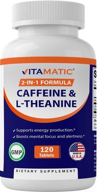 Vitamatic L-Theanine 200mg with Caffeine 100mg 120 Vegetarian Tablets - Nootropic Supplement for Foc