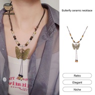 Ethnic style butterfly ceramic necklace for women, classic drawstring necklace