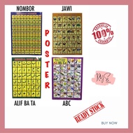 Poster Belajar Pembelajaran Abc, Alif Ba Ta, 123, Jawi (Poster Kad Paper / Kertas Berkualiti)