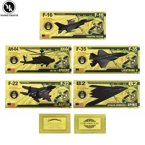 5pc/set USAF F-16, F-35, F-22 Fighter Jet Gold Foil Banknotes B2 AH64 Military Plastic Card Collecti