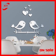 XY Acrylic Branch Bird Love-shape Mirror Sticker 3d Waterproof Self-adhesive Diy Valentine Day Decoration Mirror Wall