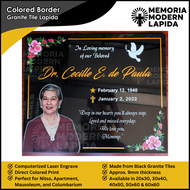 Modern Lapida with Colored Borders/ Personalized/ Laser Engraved on Black Granite Tiles/ Computerize