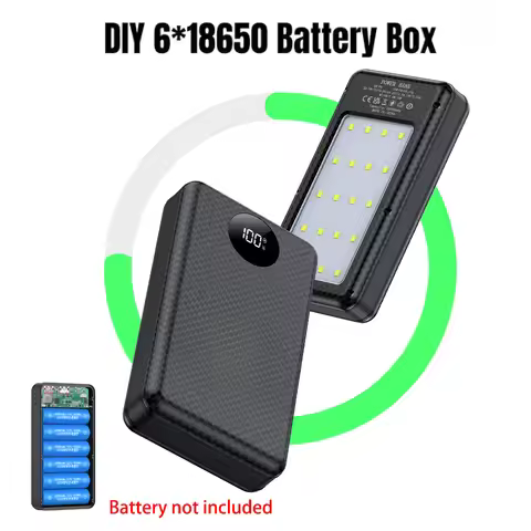 6*18650 Power Bank Battery Box Holder Dual USB Type C Charge Shell With camping lights for iPhone Hu