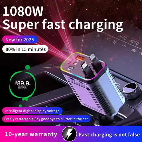 4 in 1 120W PD 33W Car Charger Retractable Car Cigarette Lighter Adapter Star Light Lighting Type C