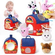 Soft Barn Baby Toys 6-12 Months with Stuffed Farm Animals, Rattle Squeaky Crinkle Sound & Mirror, Mo