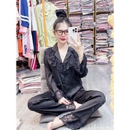Bộ ngủ lụa tay dài tiểu thư bèo ren chất lụa xước mềm mướt loại đẹp - Pijama mặc nhà