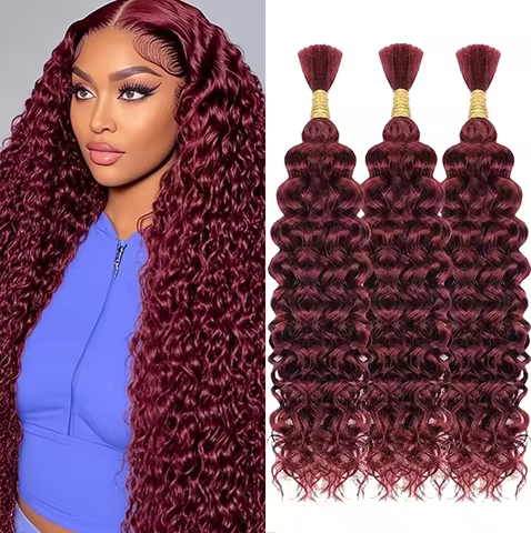 99J Burgundy Deep Wave Boho Braids Human Hair 3 4 Bundles 20 Inches Bulk Curly Hair Braiding 100% Hu