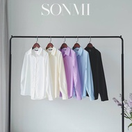 SONMI Korean women's loose long-sleeved office shirt, high-quality design, white, black and blue wel