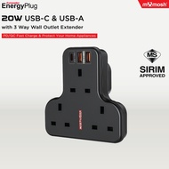 MYMOSH 6 IN 1 SIRIM APPROVED 3-WAY WALL OUTLET EXTENDER 20W USB-C & USB-A PD/QC FAST CHARGING EXTEND