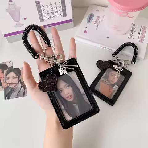 Creative PU Leather Card Holder Double Card Slot with Lanyard ID Card Holder Photos Protective Cover