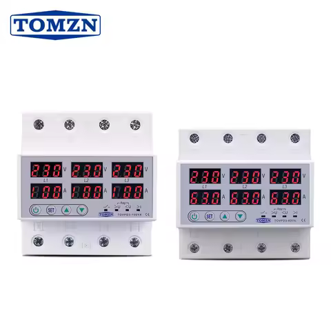TOMZN Three Phase 4 Wires 3P+N 63A 100A Adjustable Ampere Protector Self Recovery Auto Reconnect Vol