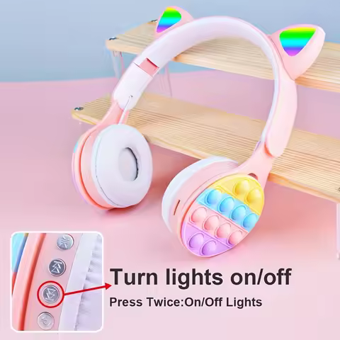 Rainbow Pop-On-It Wireless Cat Ear Headphones with LED, Foldable TWS Light-Up Cat Ear Stereo Headpho