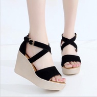 9cm black cross-heel wedge high heel sandals
