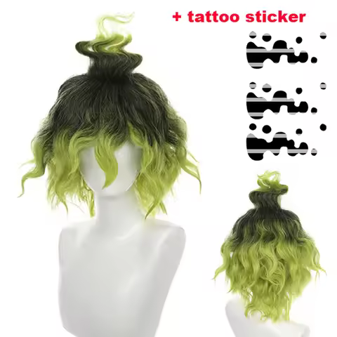 Gyutaro Shabana Cosplay Wig Daki Brother Black Green Curly Hair Anime Upper Rank 6 Wigs + Wig Cap