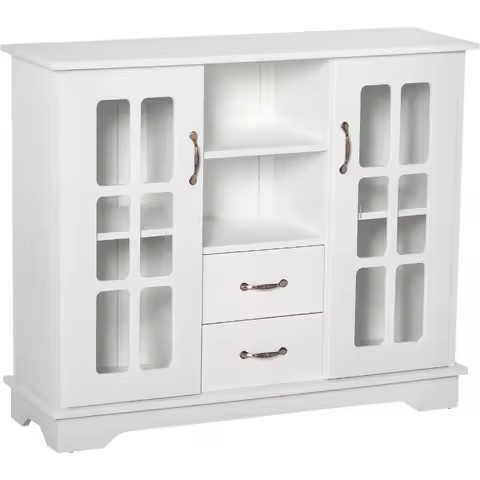 Sideboard Buffet Cabinet, Kitchen Coffee Bar With 2 Framed Glass Doors, 2 Drawers and 2 Open Shelves