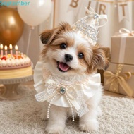 SEPTEMBER Pet Birthday Hat Scarf Set, Rhinestone Bowknot Birthday Hat and Collar Set, Elegant Cute C