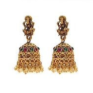 Traditional Indian Handcrafted Antique Gold Plated Kundan Polki Godess Lakshmi Temple Jewellery Jhumka Earring For Women (SJ_1919), Medium, Brass, Cubic Zirconia