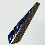 FENDI老花棕拚藍雙F雙面Twilly絲巾