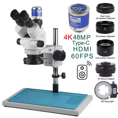 3.5-90X Zoom Trinocular Stereo Microscope Set + 2K 4K 48MP 55MP HDMI USB Video Camera + 1X 0.5X 2X A