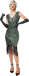 1920s Great Gatsby Flapper Dresses for Women V Neck Beaded Fringed Sleeveless Roaring 20s Cocktail H