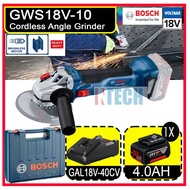 BOSCH GWS18V-10 CORDLESS ANGLE GRINDER BRUSHLESS MOTOR 4"  C/W 1x 4.0AH 18V BATTERY + GAL18V40 CHARG