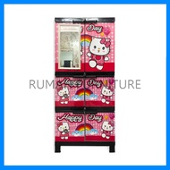 LEMARI PLASTIK 4 SUSUN JUMBO DIVA FULL KUNCI KACA KARAKTER HELLO KITTY