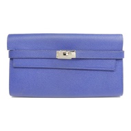 HERMES Epsom皮革Kelly Long Wallet銀扣長錢包Bleu Electrique